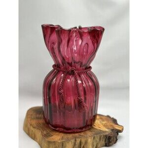 Pilgrim Art Glass Cranberry Cinch Ruffle Vase Bag Shelf Sitter Blown Glass